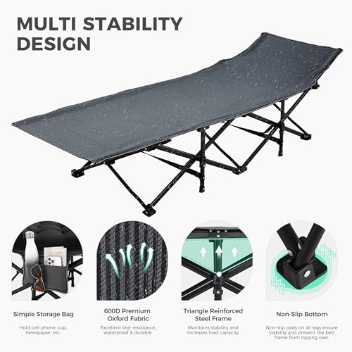 Folding Camping Cot for Adults with Mattress - Black, 75x28x14 Inches - Portable Bed