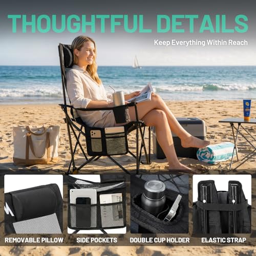 Overmont 2 Pack Reclining Camping Chairs with Footrest – Lightweight & Portable, Black