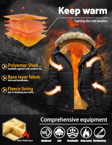 Men's Winter Parka Jacket with Hood - Water-Resistant & Windproof, Medium Black