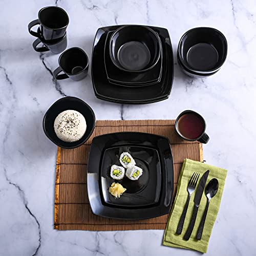 Gibson Elite Soho Lounge Square Reactive Glaze Stoneware Dinnerware Set for 4, Black, 16 pcs