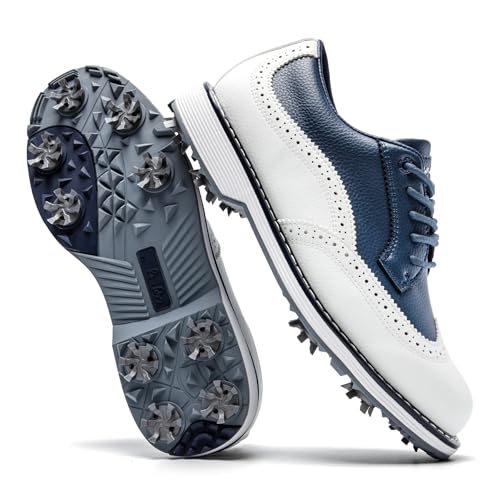 Men's Spiked Golf Shoes Water-Resistant Lightweight Sneakers - White & Blue, Size 10