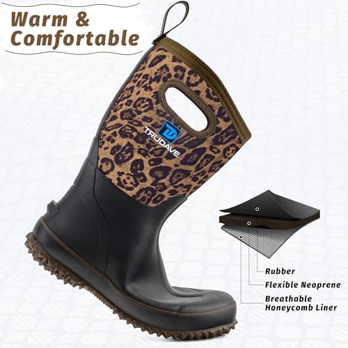 Women’s Waterproof Rubber Boots with Leopard Print - Mid Calf Rain & Hunting Boots, Size 5-11