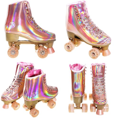 Pink Rose Gold Holographic Quad Roller Skates - US 9 / 10.4IN for Women & Girls