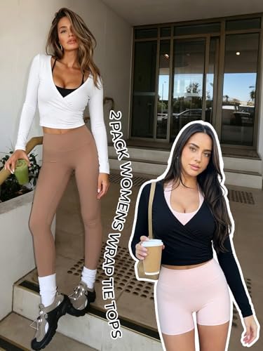 Womens Wrap Tie Top - Y2K Long Sleeve Ballet Pilates Yoga Workout Shirt