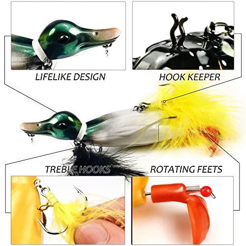 2 Pcs Baby Duck Fishing Lures - Topwater Bass, Pike & Walleye Baits - Yellow & Green