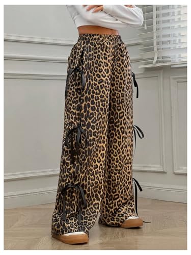 Verdusa Women's Y2K Bow Wide Leg Parachute Pants - Leopard Brown, Medium