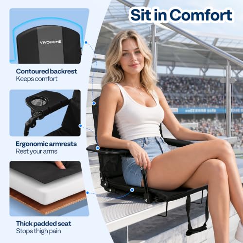 VIVOHOME Stadium Bleacher Seats with Back Support - Black & Gray, 2-Pack Portable Sports Chairs