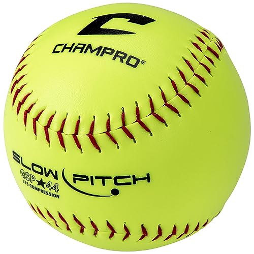 Champro ASA Approved 12-Inch Slow Pitch Softballs - Pack of 12, .44 COR, 375 Compression, Poly Synthetic Cover, Red Flat Seams, Optic Yellow