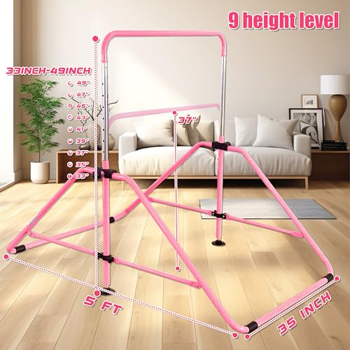 Foldable Gymnastic Bar for Kids 3-12, Adjustable Kip Bar with Mat, Pink Variation