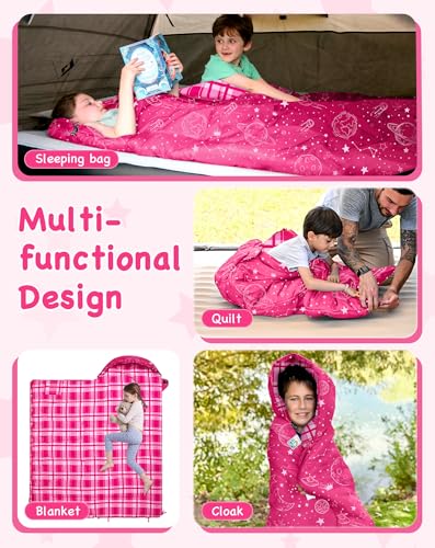 Kids Sleeping Bag RoseRed - 45°F Flannel Child Camping Bed for Ages 10-12