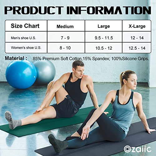 Ozaiic Non-Slip Pilates Socks 3 Pairs Large Black Grey Dark Gray for Yoga