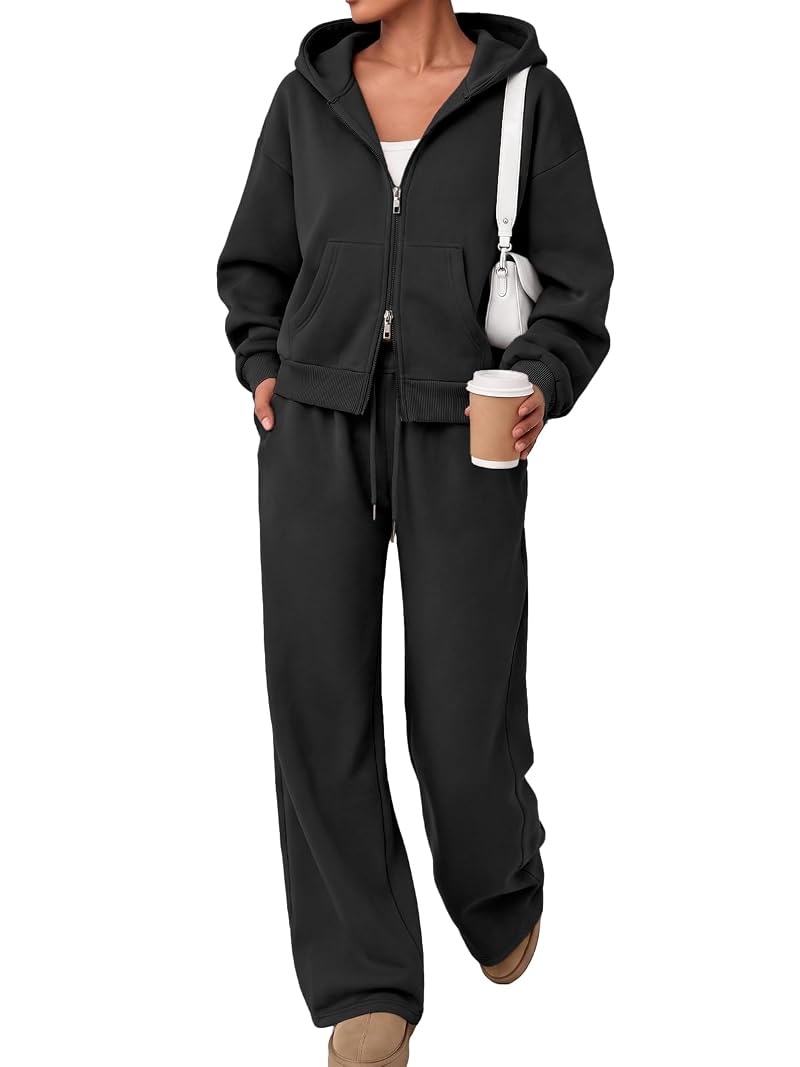 Trendy Queen Women’s 2-Piece Zip Up Sweat Set - Black XS