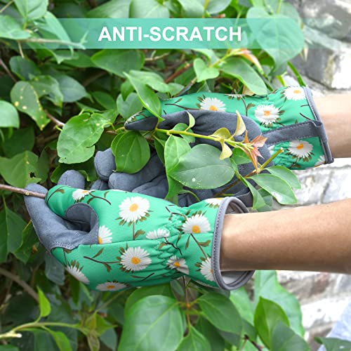Women's Gardening Weeding Gloves - Leather Thorn-Proof Garden Gloves for Digging & Pruning - Bright Green Medium