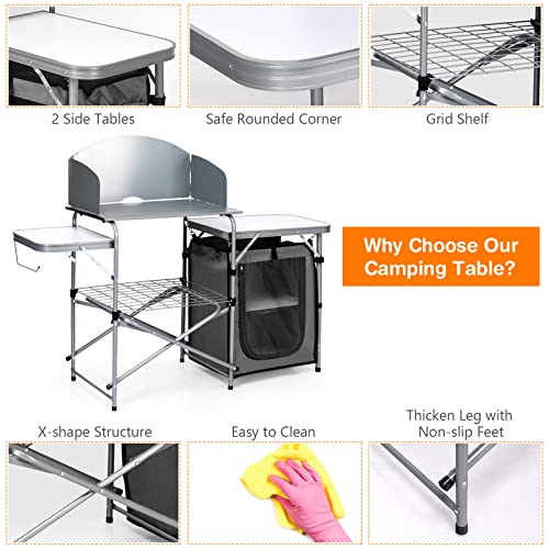 GIANTEX Grey Folding Camp Grill Table with Detachable Windscreen & Carry Bag