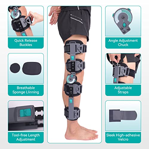 Hinged ROM Knee Brace Support for Post-Op Leg Rehab - Black, One Size