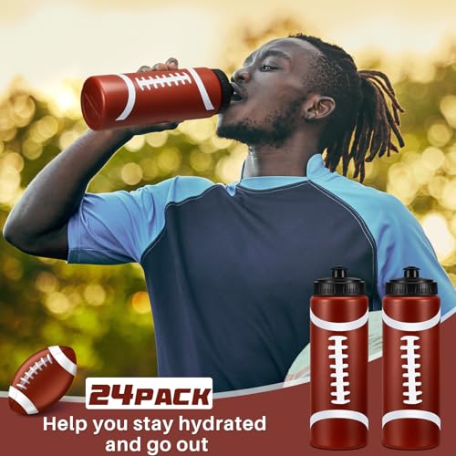 Football Water Bottles Bulk 24 Pack - 20 oz Reusable Sports Squeeze Bottles - Team & Party Favors