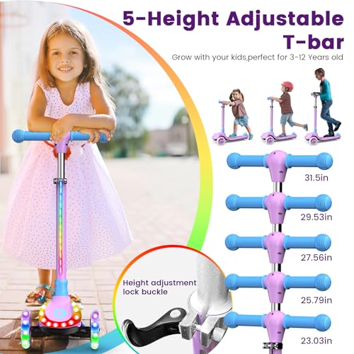 Kids Foldable 3-Wheel Scooter with LED Lights - Purple, Adjustable & Safe Ride