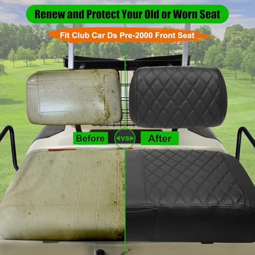 Golf Cart Seat Covers for Club Car DS Pre-2000 - Marine Leather Diamond Pattern, Black, Fit Front Seat - Variation of Black / Fit Club Car DS Pre 2000.5