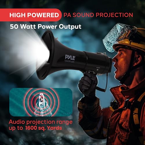 Black Pyle 50W Megaphone PA Bullhorn Speaker with Siren & Record - Crowd Control