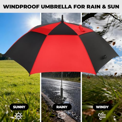 Golf Umbrella 54-72 Inch Windproof Waterproof Double Canopy Auto Open Black/Red 72 Inch
