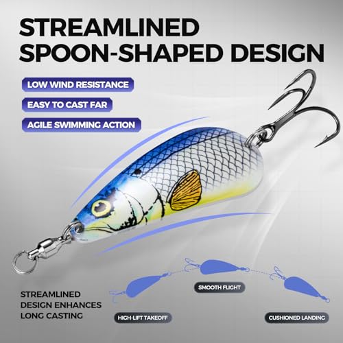Spinner Spoon Fishing Lures Kit B-5PCS with 3D Eyes & Treble Hooks - Saltwater & Freshwater