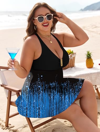 Arolina Women's One-Piece Swimsuit with Tummy Control Blue Shooting Star XL - Plus Size Swim Dress