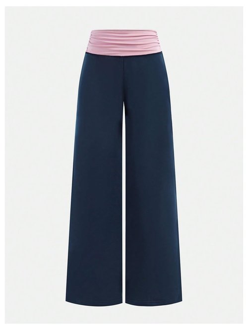 RoseSeek Girl's Fold Over Pants Color Block Low Rise Sweatpants Casual Yoga Pants Deep Blue 11Y