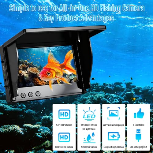 Underwater Fishing Camera 1080P HD 50ft Tangle-Free Cable IPS Screen Black
