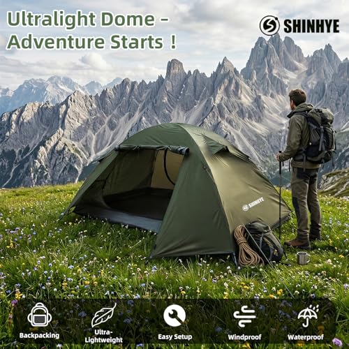 ShinHye 2-Person Green Ultralight Waterproof Dome Backpacking Tent with Easy Setup