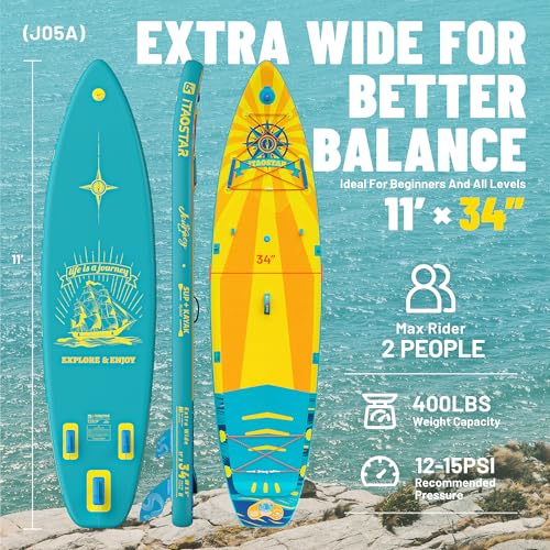 iTAOSTAR Bright Yellow & Teal Green Inflatable Stand Up Paddle Board with Full Accessories - 34-inch Wide, 400 lbs Capacity, Dual Fin, Camera Mount