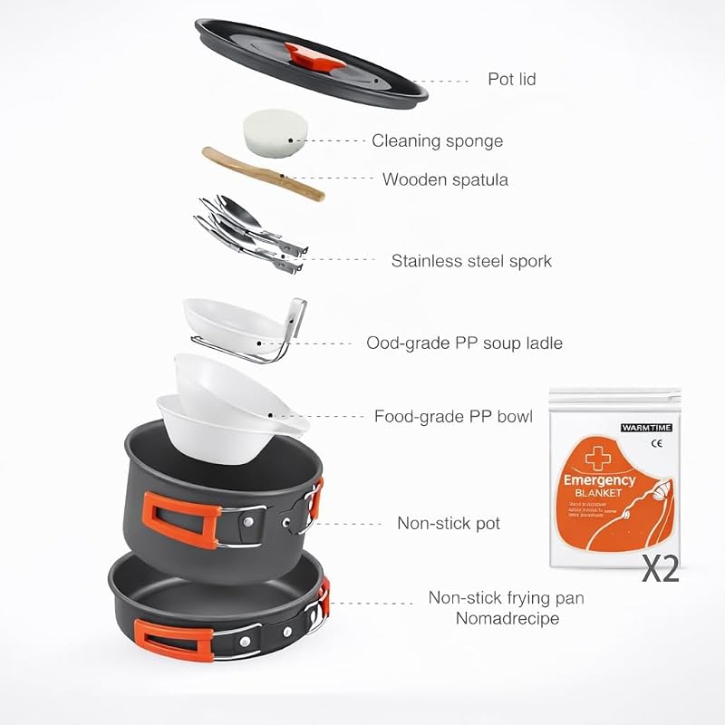 1.5L 12-Piece Camping Cookware Set Nonstick Pot Pan Mess Kit for Backpacking