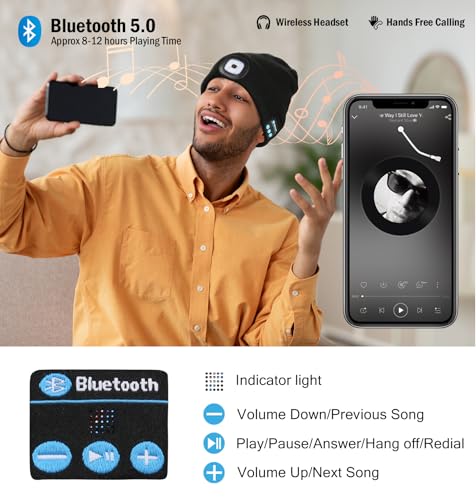 Bluetooth Beanie with Light - Wireless Headphones for Men, Teens, Outdoor Activities - Black
