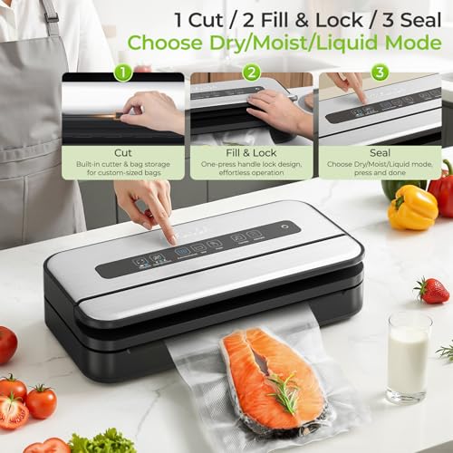 Food Vacuum Sealer Machine 90Kpa with Liquid & Moist Modes, Includes Bags & Roll