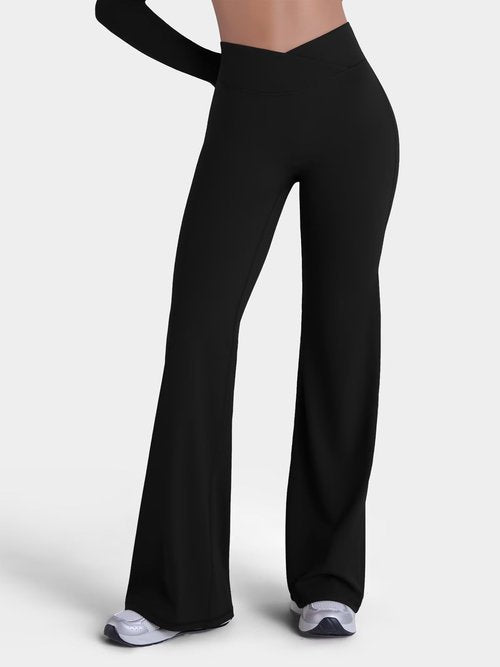 Sunzel Women Hidden Butt Lift Flare Yoga Pants No Front Seam V Crossover High Waist Flare Leg Lounge Workout Flared Leggings Black