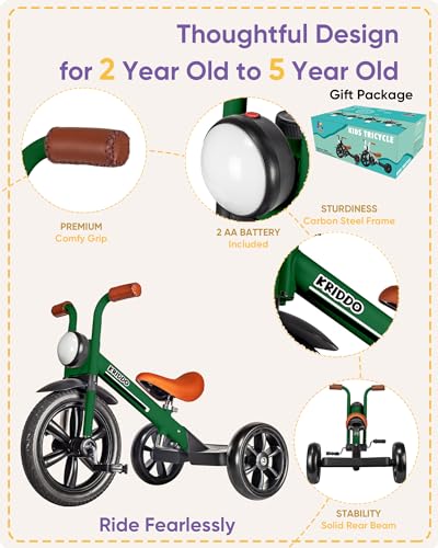 KRIDDO Toddler Tricycle for 2-5 Years - Green, Front Light & Safety Features