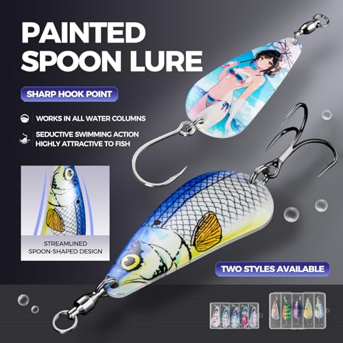 Spinner Spoon Fishing Lures Kit B-5PCS with 3D Eyes & Treble Hooks - Saltwater & Freshwater