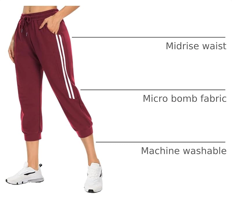 KaiDi Women’s Capri Joggers with Pockets - Wine Red Large