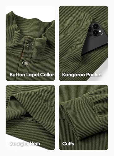 Men's Corduroy Sweatshirt Quarter Button Pullover XL Jungle Green