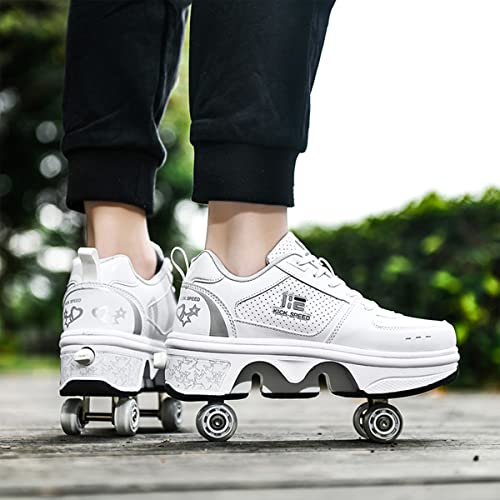 Pairobin 2-in-1 Roller Skates Shoes for Girls & Boys, White, Size 3.5