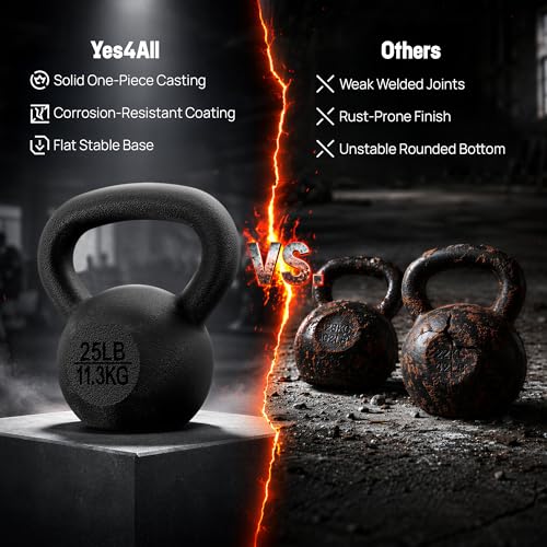 Yes4All Cast Iron Kettlebell 60 lbs Black - Solid One-Piece Design for Strength Training