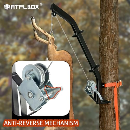 Atflbox Tree-Mounted Game Hoist with Winch & Ratchet Strap — Heavy-Duty Hunting Lifter up to 500 lbs
