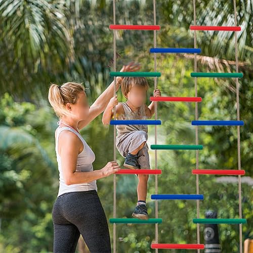 Kids Rainbow Wooden Rope Ladder Set1 3-Interlinked Natural Wood Climbing Accessory
