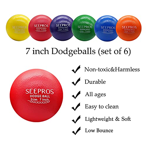 7 Inch Foam Dodgeball Set for Kids & Adults - Soft Skin, Low Bounce, 6 Balls with Mesh Storage Bag