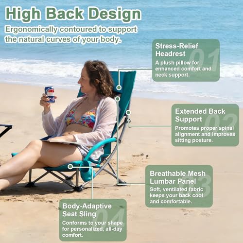 Romswi High Back Folding Camping & Beach Chair 300lb Support, Lightweight