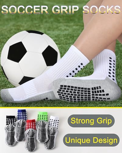 Kids Grip Soccer Socks Boys Girls Non Slip Athletic Crew Socks 10-12 Years - White, 6 Pairs