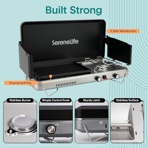 Portable Camping Stove with Griddle Combo, 2 Burners, 10000 BTU & 5000 BTU