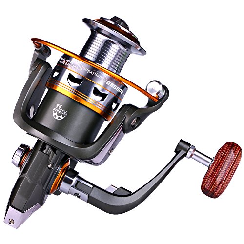 Sougayilang DK1000 Spinning Fishing Reel with Left/Right Interchangeable Collapsible Wood Handle, 11BB, 5.2:1 Gear, For Inshore, Freshwater & Saltwater