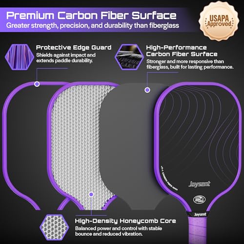 Purple Pickleball Paddles Set of 2 USAPA Approved Carbon Fiber Lightweight Rackets with 4 Balls and Bag