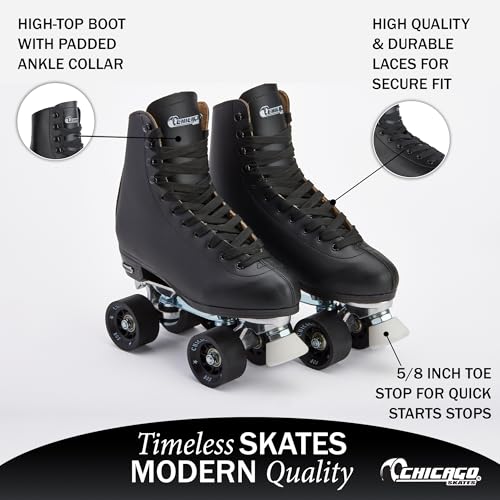 Chicago Quad Roller Skates for Women & Men - Black, Size 14/13, Leather High-Top, Outdoor Indoor Use