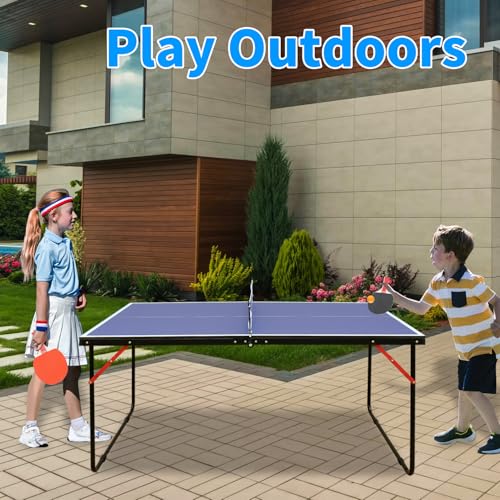 SculPong 4.5FT Blue Foldable Table Tennis Table with Paddles & Balls, Compact Indoor/Outdoor Game Table